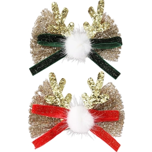 Barrettes à Cheveux en Forme de Bois de Renne de Noël avec Nœud pour Enfants Filles Paillettes Dorées Oreilles de Cerf avec Boule en Peluche Accessoires de Coiffure de Fête