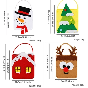 Cartoon Christmas felt gift bags featuring Santa, snowman, and reindeer designs