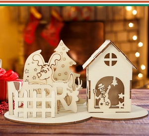 Detail of laser-cut wooden Christmas puzzle ornament with deer and snowman in a cozy setting