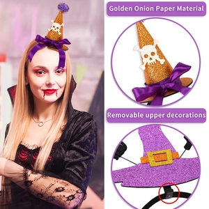 Halloween witch hat headband set with glitter finish and removable skull decorations