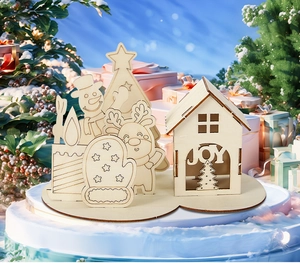 Detail of DIY wooden Christmas puzzle kit with snowman, reindeer and JOY cabin on snow base