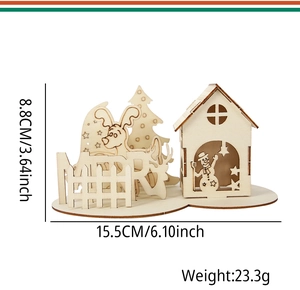 Detailed view of DIY wooden Christmas house with Merry signage and deer silhouettes