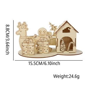Detailed view of DIY Christmas wooden house with size dimensions and reindeer elements