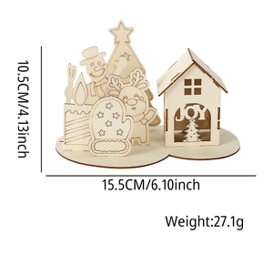 Detail of wooden Christmas DIY ornament showing dimensions 15.5x10.5cm and JOY snowman