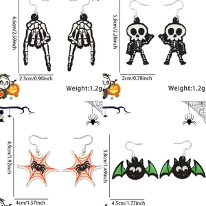 Set of 4 Halloween earrings featuring skull, spider web, and bat designs with glitter finish