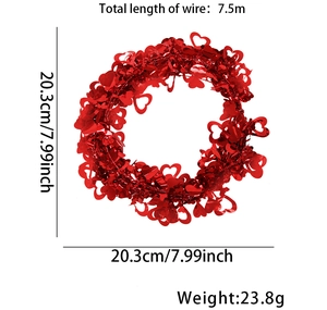 Red heart-shaped wire garland showing 7.5m length and 20.3cm diameter dimensions
