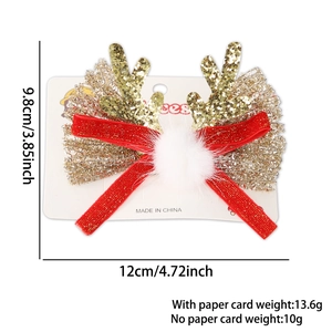 Pince à cheveux bois de renne de Noël avec nœud rouge et paillettes dorées pour photos