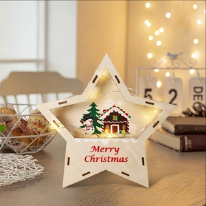 Detail of wooden star Christmas ornament with LED lights and Merry Christmas text