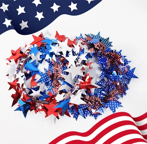 Detail of red white and blue Independence Day star tinsel garland for home holiday decoration