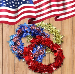 Detail of red white and blue star tinsel garlands for Independence Day festive decoration