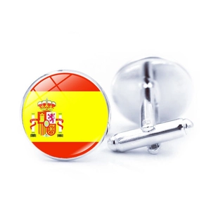 Detailed view of silver Spanish flag cufflinks with polished glass dome and T-bar back