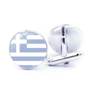 Detail showing Greece flag cufflinks with polished silver finish and bullet back closure