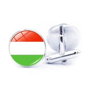 Close-up of silver-tone cufflinks featuring Hungary flag glass cabochon design
