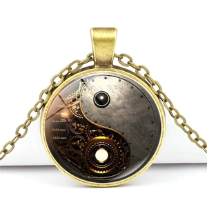 Steampunk Yin Yang necklace with mechanical gears inside a bronze glass pendant