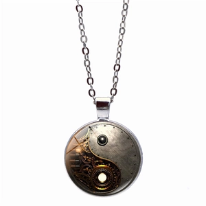 Steampunk Yin Yang necklace with mechanical gear pattern and silver O-chain necklace
