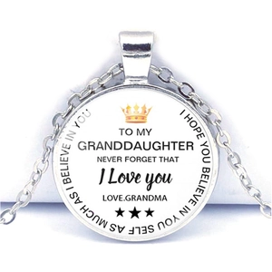 To My Granddaughter Sentimental Pendant Necklace Zinc Alloy Glass Cabochon Crown Pattern Gift Fashion Jewelry