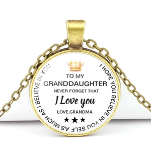 Retro bronze pendant necklace for granddaughter with gold crown and loving message