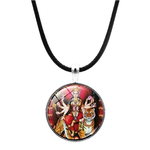 Nahaufnahme des Ganesha und Durga Gottheitsmusters im runden Glas-Cabochon-Anhänger