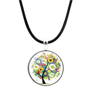 Collana Pendente Tondo Albero Della Vita Lega Di Zinco Cabochon In Vetro Corda In Pelle PU Gioielli D'Arte Vintage Accessori Moda