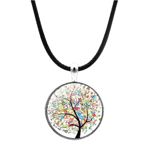 Collana Albero della Vita con ciondolo in vetro a cifre colorate su cordino di cuoio nero