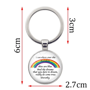 Rainbow glass dome silver metal keychain with Wizard of Oz quote charm and 6cm length
