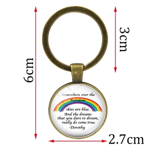 Wizard of Oz rainbow glass dome keychain with bronze finish and dimensions display