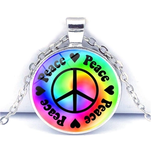 Collier Pendentif Signe De Paix Cabochon En Verre Arc-En-Ciel Alliage De Zinc Bijoux Hippie Rétro Pour Hommes Femmes