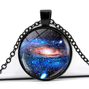Detailed close-up of a blue and purple nebula galaxy pendant with a black alloy frame