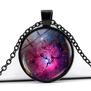 Cosmos nebula necklace with purple-blue galaxy pendant and black minimalist chain