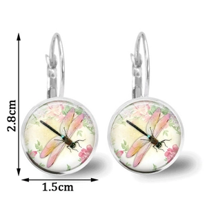 Dragonfly and pink floral glass cabochon leverback earrings, 2.8cm height and 1.5cm width