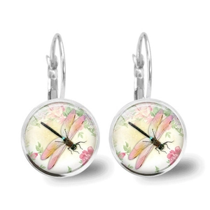 Dragonfly Flower Glass Cabochon Alloy Leverback Earrings Retro Vintage Style Nature Inspired Accessories Jewelry