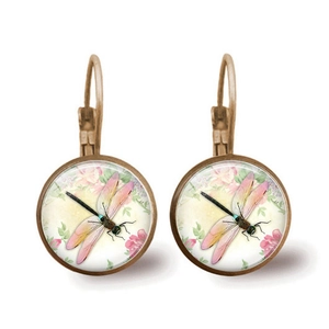 Vintage dragonfly glass earrings with bronze metal frame on white background