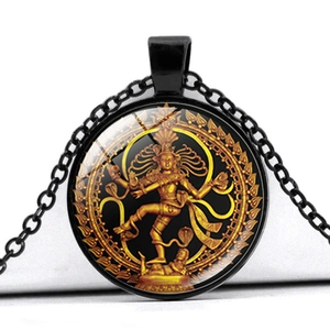 Indische Shiva Nataraja Halskette mit Glaskuppel-Anhänger in Schwarz und goldenen Motiven