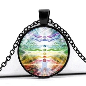 Yoga Meditationskette mit Sieben Chakren Anhänger und schwarzer Kette für Damen und Herren