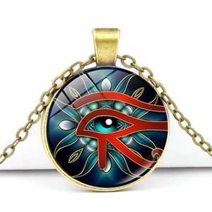 Vintage bronze Egyptian Eye of Horus necklace with colorful glass cabochon pendant