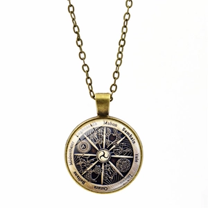 Détail du pendentif Roue de l'année en bronze avec dôme en verre et noms celtiques