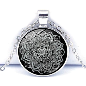 Mandala Pendant Necklace Bohemian Vintage Glass Cabochon Zinc Alloy Jewelry Indian Art Pattern Geometric Style