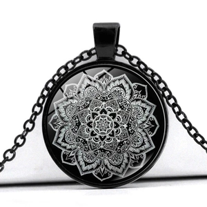 Mandala art pendant necklace with vintage glass cabochon and black chain accessory