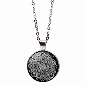 Detailed close-up of mandala geometric pattern under glass dome in silver pendant