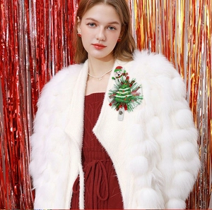 Detail of Christmas retractable badge holder with snowman and tree on white fur coat