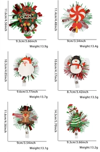 Detailed dimensions of six Christmas retractable badge reels featuring festive characters