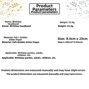 Detailed size chart of birthday headband made of felt and gold glitter paper