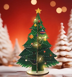 Macro detail of wooden Christmas tree decor with warm LED lights and golden star topper