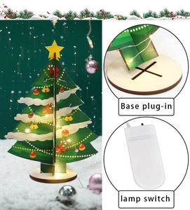 Detail of wooden Christmas tree base plug-in and LED lamp switch for desktop decor