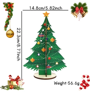 Detail of wooden DIY Christmas tree with LED lights showing dimensions 22.3cm height