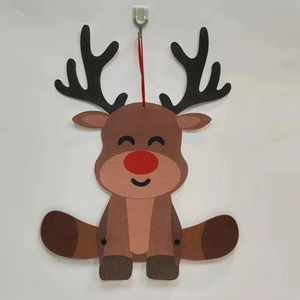 Close-up of a festive reindeer felt door hanging with red nose and hanging string