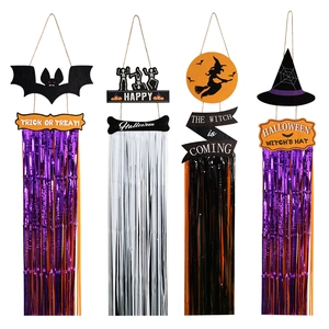 Halloween Party Decoration Tinsel Curtain Wooden Sign Bat Witch Skeleton Hanging Ornament Spooky Door Wall Decor Prop