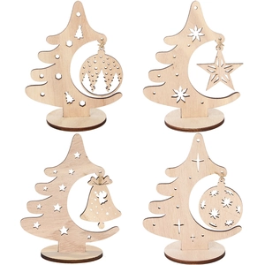 Set of 4 tabletop wooden Christmas trees with hollow ornaments and natural wood grain