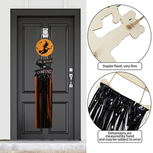 Halloween witch is coming wooden door sign with orange black tassels for party decor