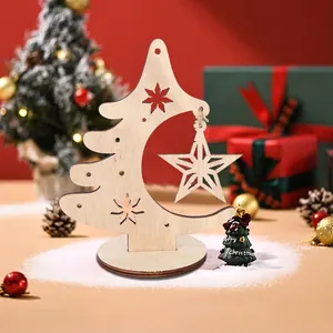 Hollow wooden Christmas tree desk ornament with star pendant and Merry Christmas text